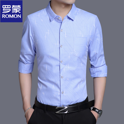 罗蒙印花浅蓝色长袖衬衫男中年