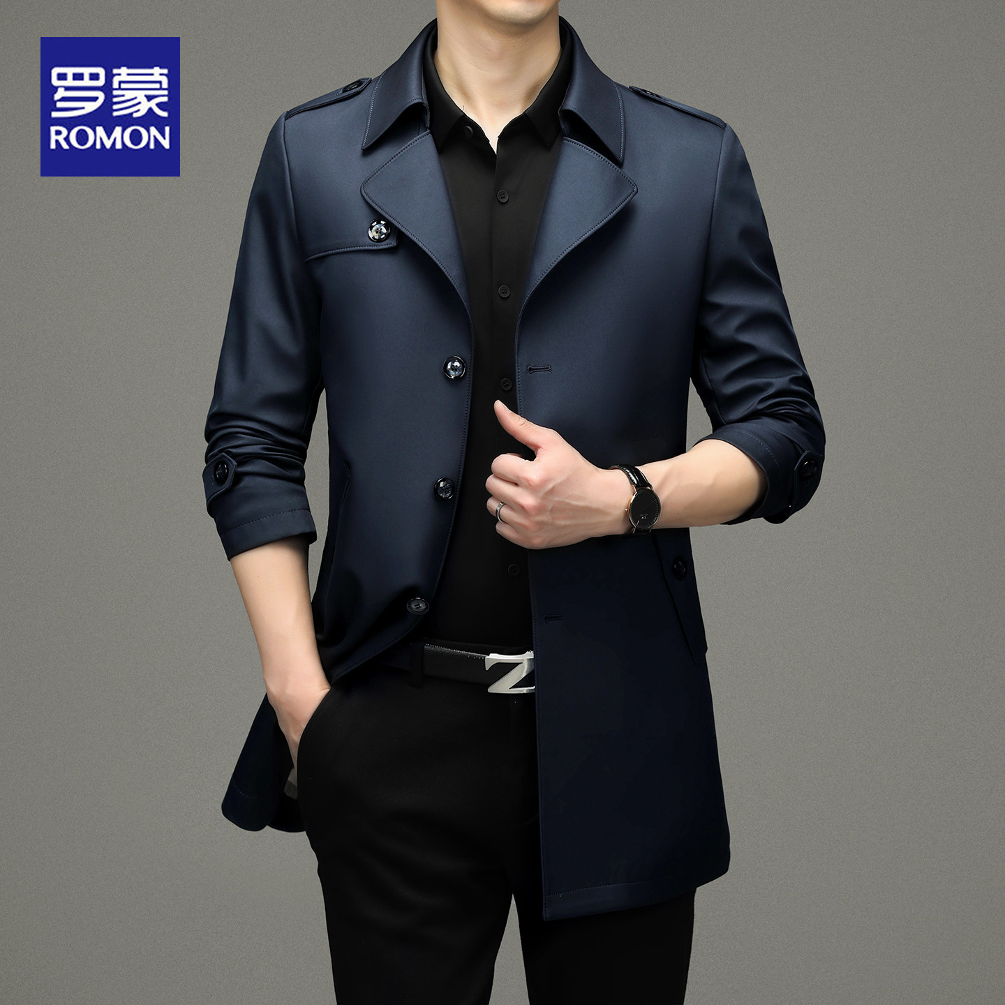 罗蒙2026春秋风衣男士中长款商务休闲翻领外套英伦风西装领上衣男