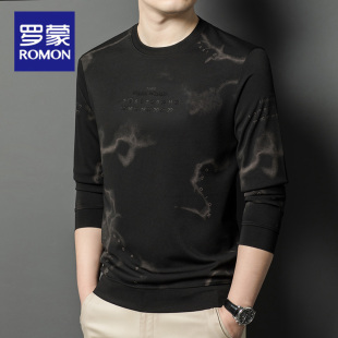 罗蒙印花长袖T恤男2024秋冬季新款打底衫商务休闲高级感圆领卫衣