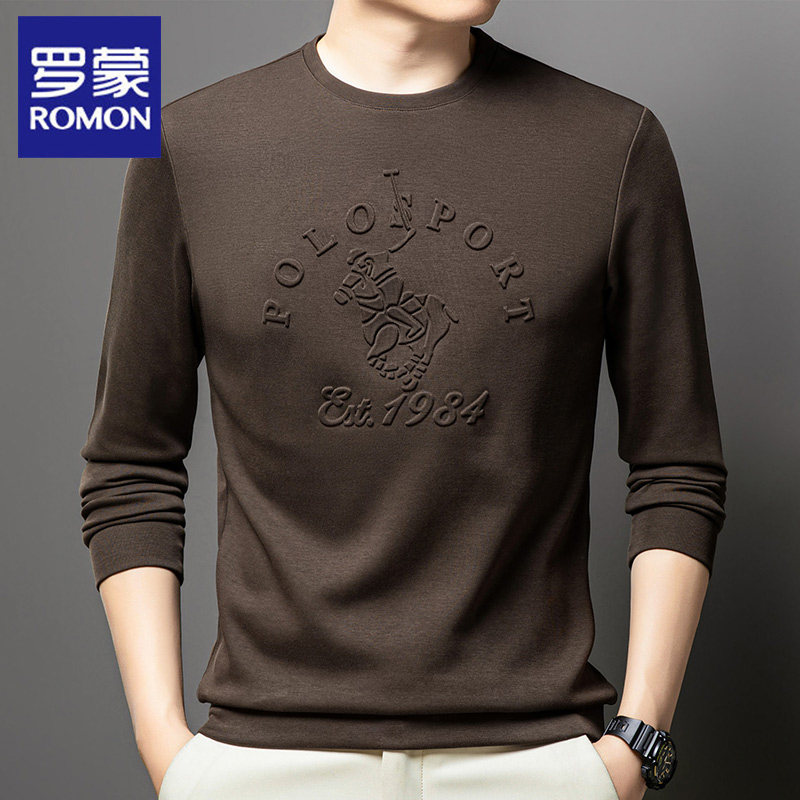 罗蒙棉弹印花卫衣男长袖2024春秋季新款商务休闲高级感圆领T恤衫