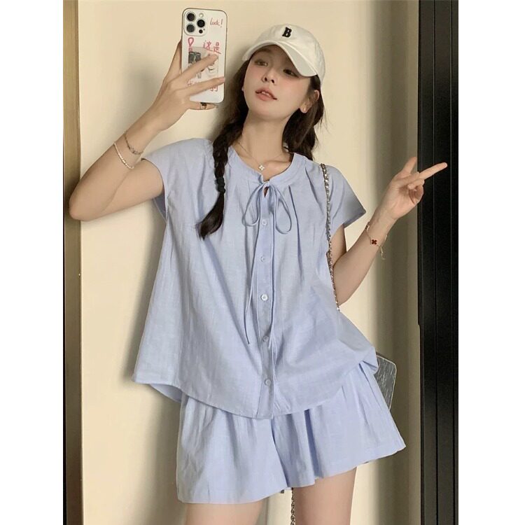 休闲宽松蓝色衬衫短裤辣妈外出哺乳套装显瘦遮肉产后喂奶两件套夏