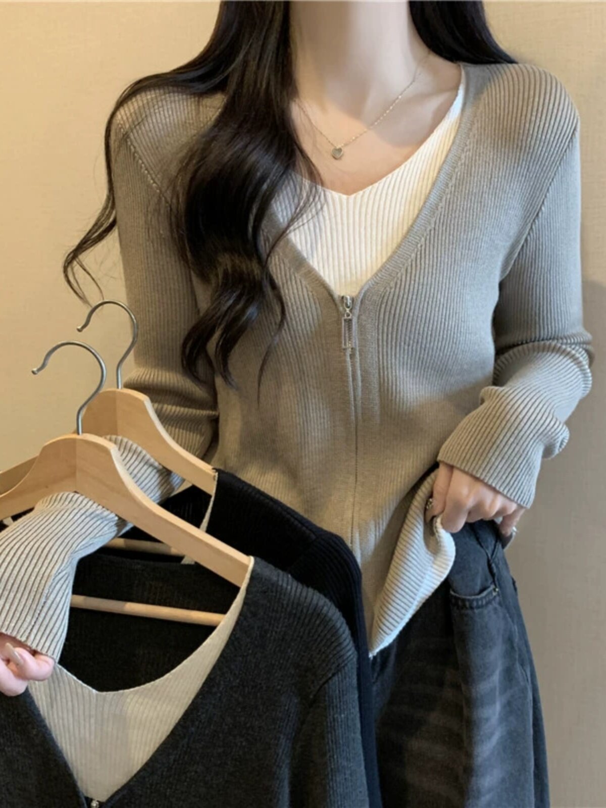 핫한 엄마들의 외출과 수유를 위한 페이크 투피스 슬리밍 니트 가디건 대형 사이즈 가을 겨울 산후 수유 하의 셔츠 상의