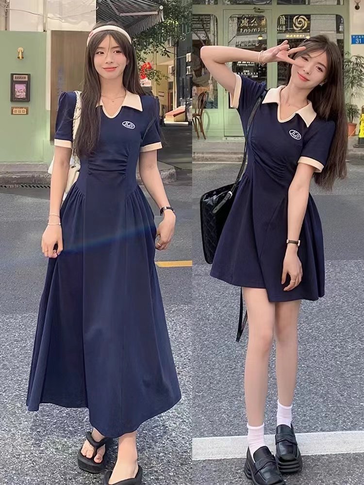 반팔 폴로 칼라 핫맘 외출 모유 수유 드레스 여름 허리를 감싸는 A 라인 슬리밍 배 덮는 산후 모유 수유 드레스