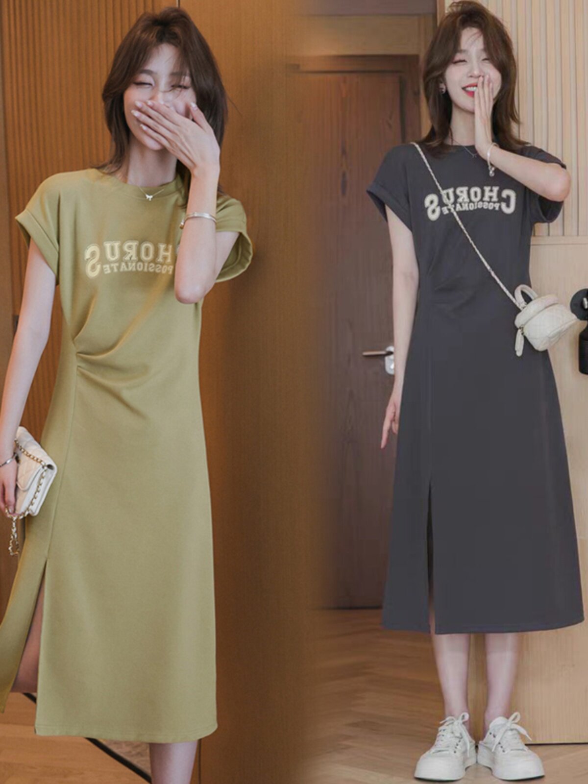 뜨거운 엄마 스타일 외출 모유 수유 티셔츠 스커트 라운드 넥 편지 프린트 드레스 허리 슬릿 산후 간호 스커트 여름