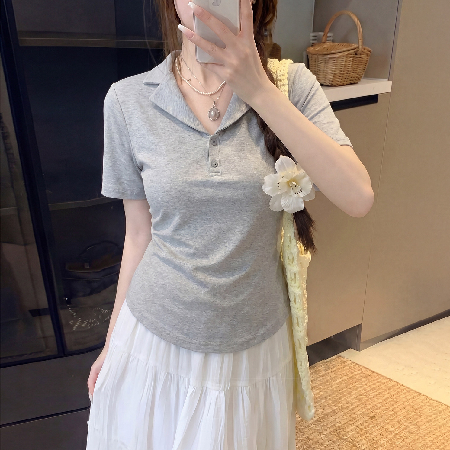 夏季新款翻领减龄辣妈外出哺乳上衣收腰显瘦正肩短袖产后喂奶T恤