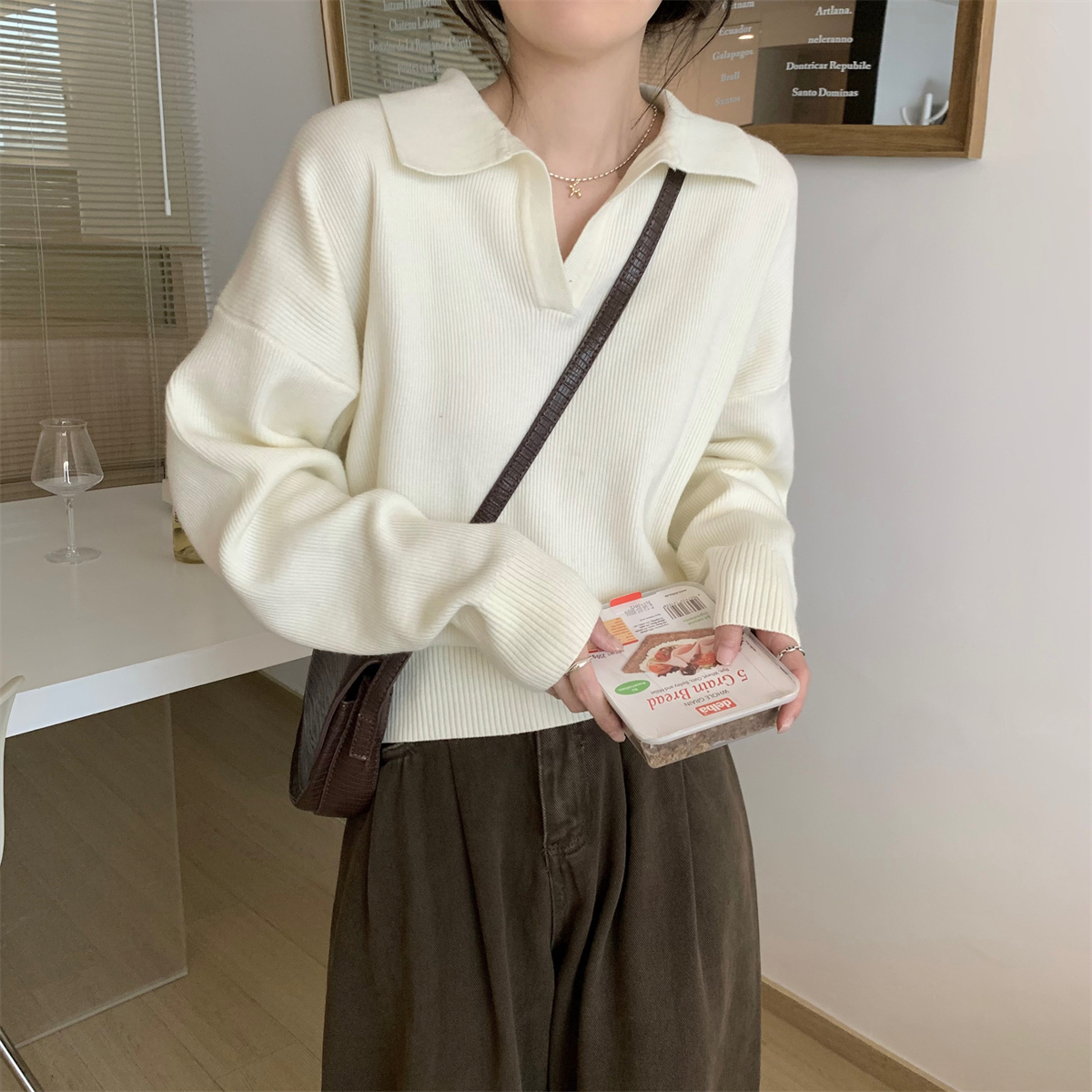 辣妈款外出哺乳针织衫休闲显瘦宽松翻领毛衣秋冬百搭产后喂奶上衣