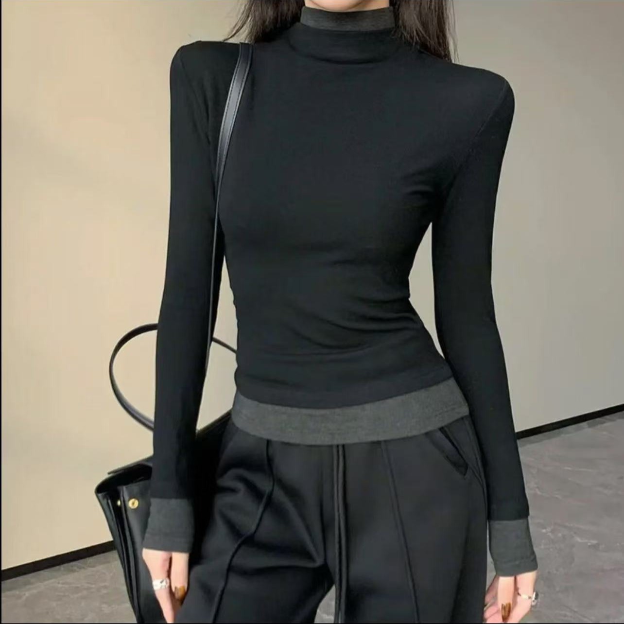 半高领撞色辣妈外出哺乳长袖T恤秋冬内搭显瘦加绒产后喂奶打底衫