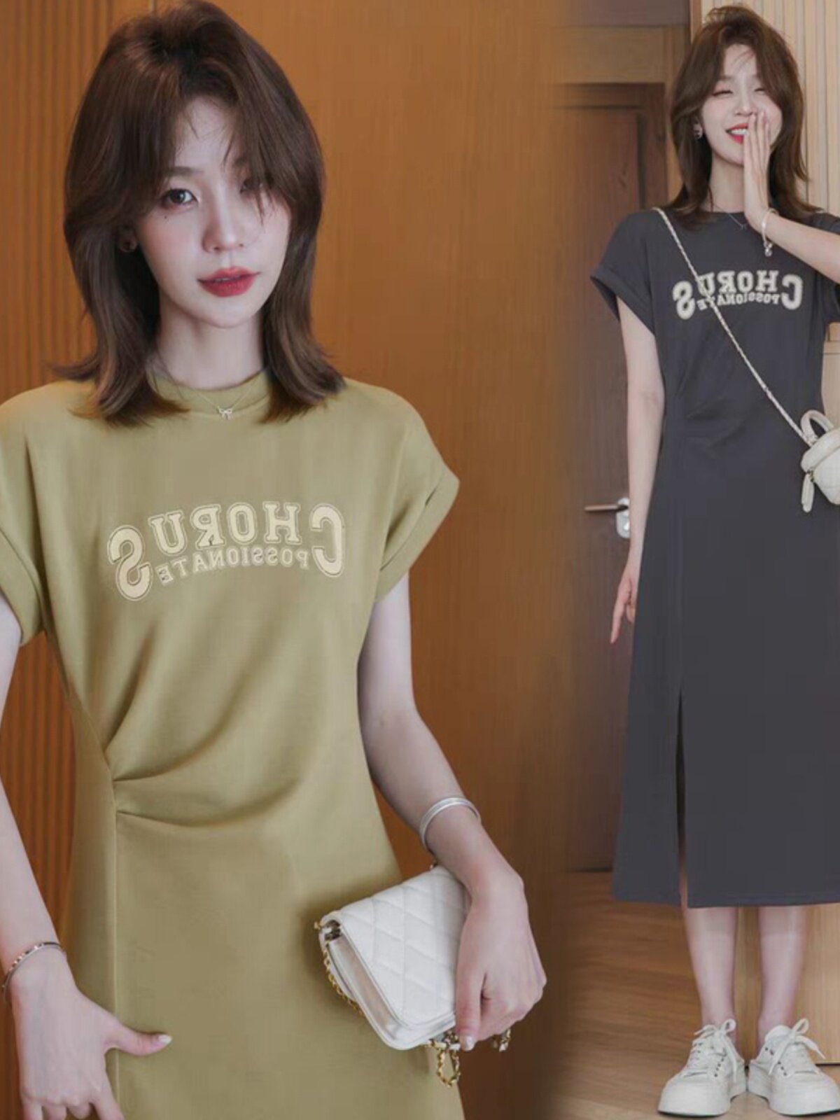 뜨거운 엄마 스타일 외출 모유 수유 티셔츠 스커트 라운드 넥 편지 프린트 드레스 허리 슬릿 산후 간호 스커트 여름