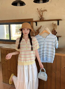 夏装休闲条纹宽松显瘦大码辣妈外出哺乳冰丝针织短袖产后喂奶上衣