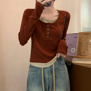 秋装撞色假两件长袖辣妈外出哺乳纯棉T恤圆领上衣产后喂奶打底衫