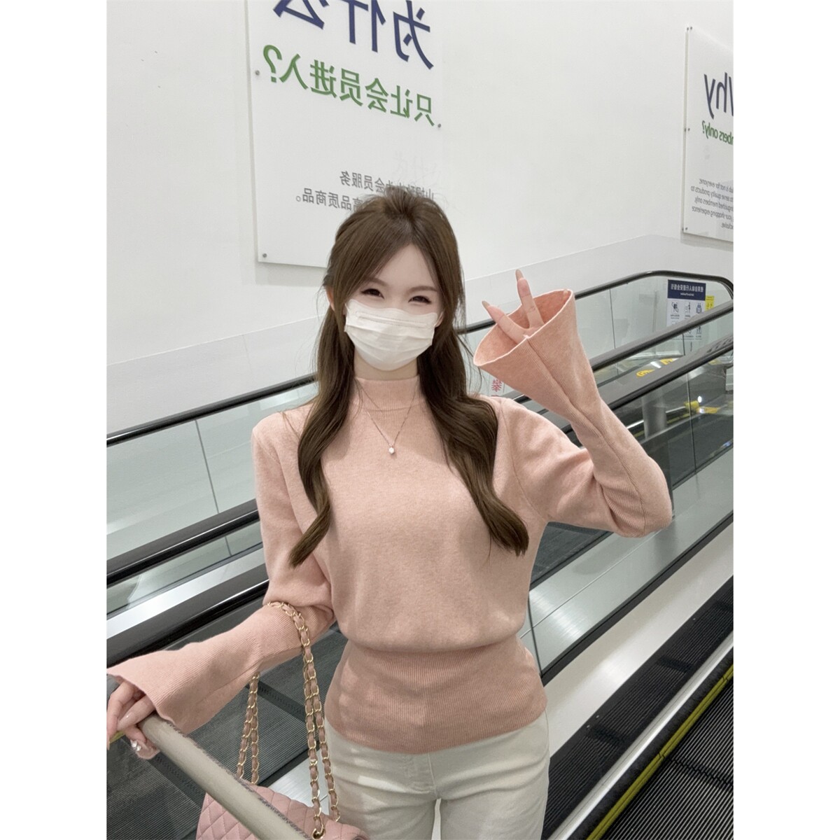 秋冬韩版甜美喇叭袖圆领辣妈外出哺乳内搭针织打底衫产后喂奶毛衣