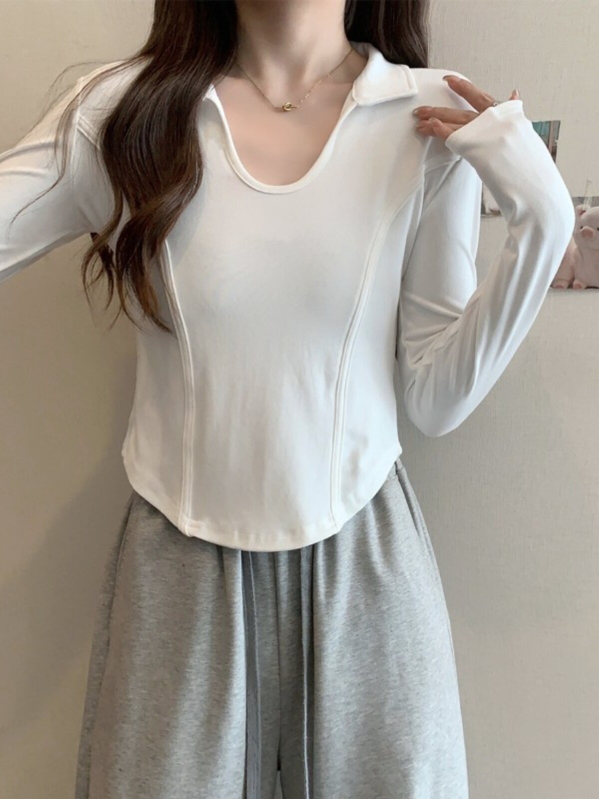 폴로 칼라 외출 모유 수유 핫맘 긴팔 가을 겨울 이너 U 넥 순면 티셔츠 산후 수유 의류 피시 본 탑
