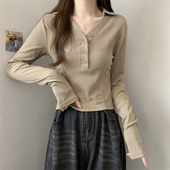 潮 T恤显瘦产后喂奶打底衫 春秋辣妈款 外出哺乳上衣鱼骨v领正肩长袖