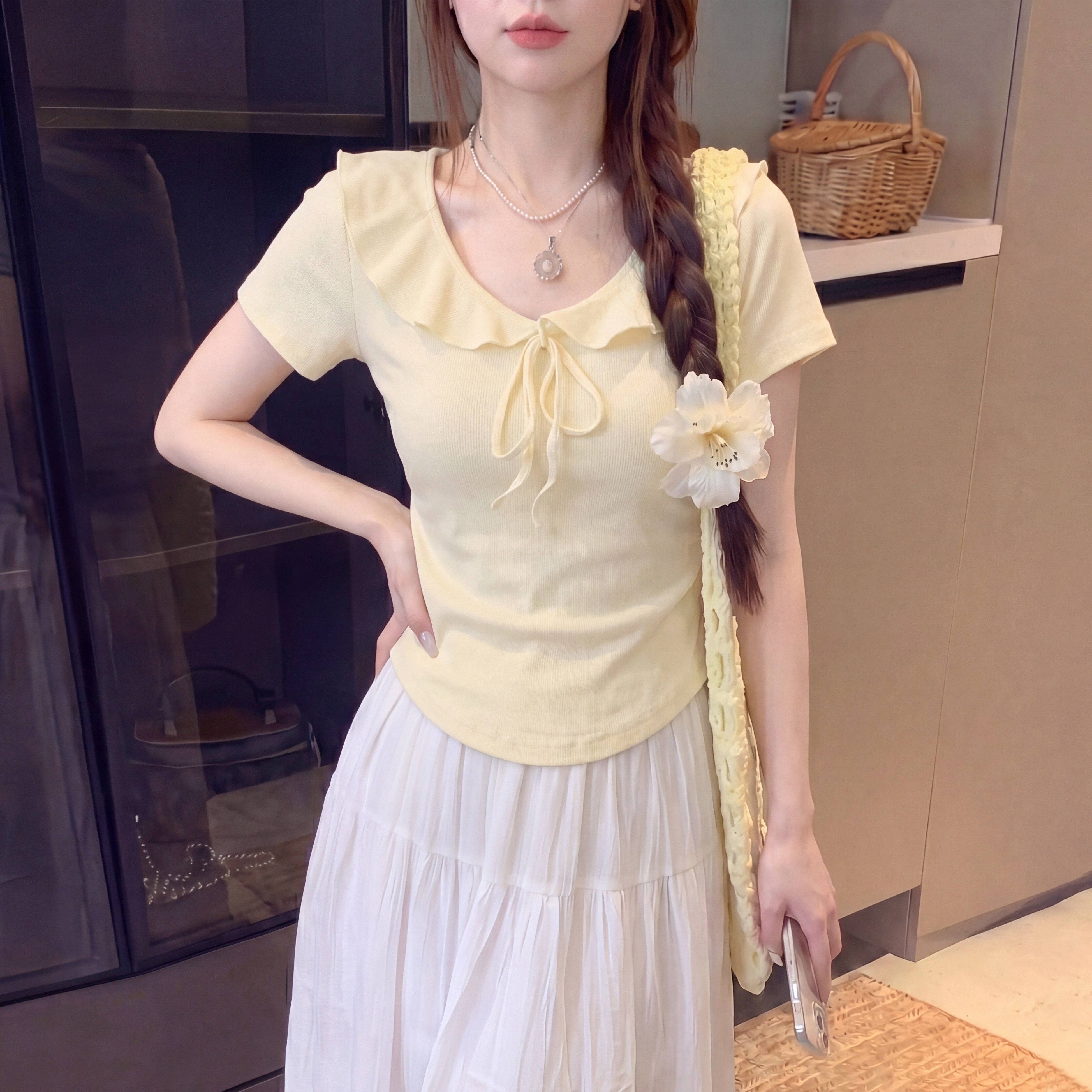 夏季荷叶领短袖哺乳显瘦T恤