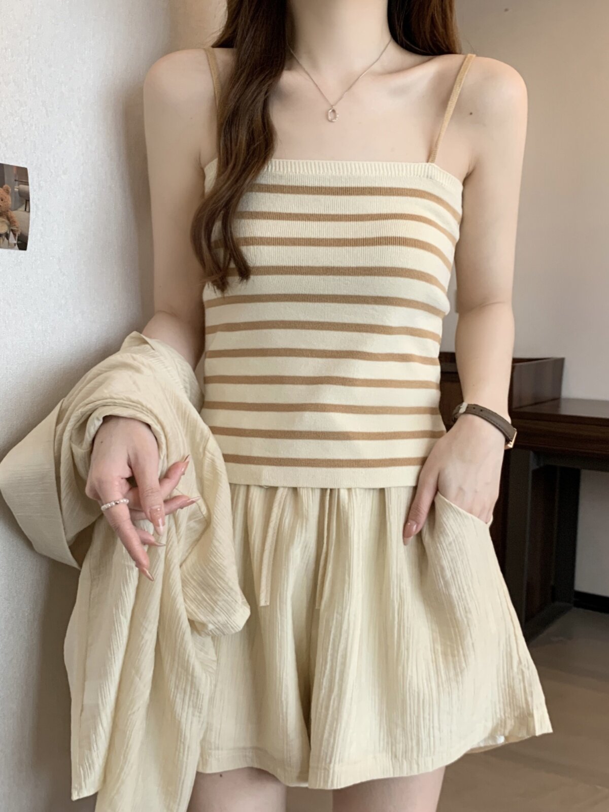 여름 더위 엄마스타일 나들이 수유복 셔츠 상의반바지 밑단 스트라이프 슬링 산후수유 3종세트