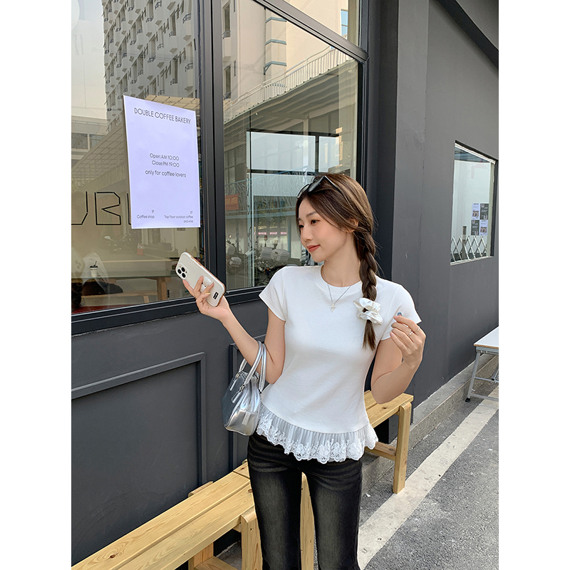 春夏辣妈外出哺乳短袖蕾丝花边芭蕾风产后喂奶白色t恤打底衫上衣