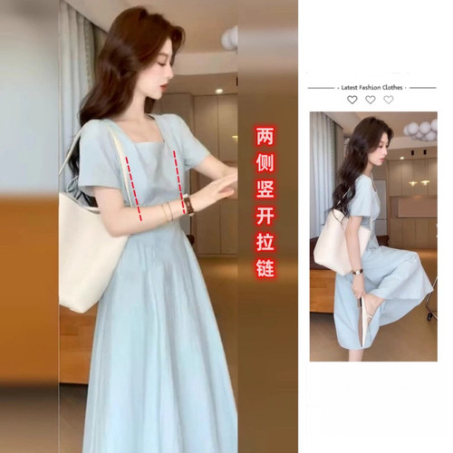 法式蓝色方领辣妈外出哺乳连衣裙子夏季新款收腰气质产后喂奶长裙