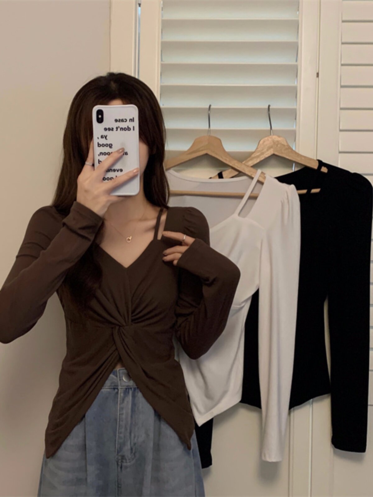 가을 디자인 센스 핫한 엄마 수유 나들이 긴팔 티셔츠 하의 셔츠 슬림핏 오른쪽 어깨 산후 수유 상의