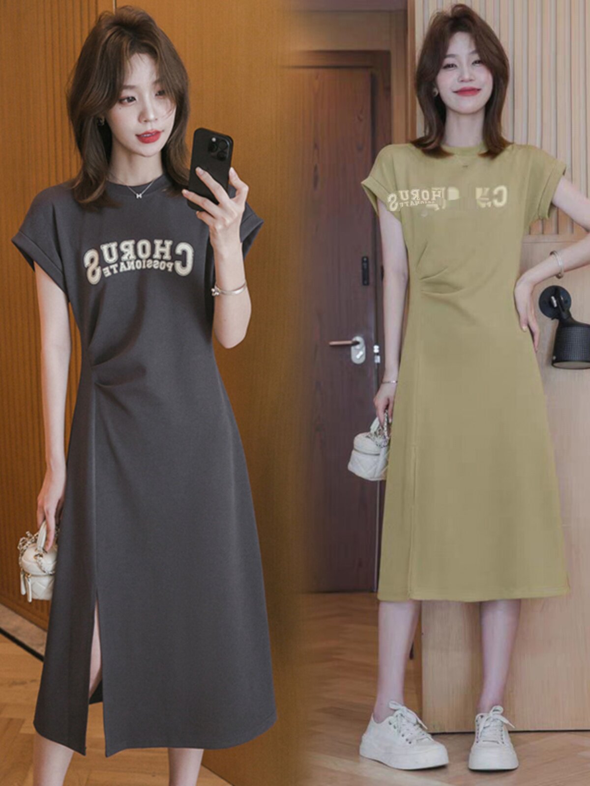 뜨거운 엄마 스타일 외출 모유 수유 티셔츠 스커트 라운드 넥 편지 프린트 드레스 허리 슬릿 산후 간호 스커트 여름