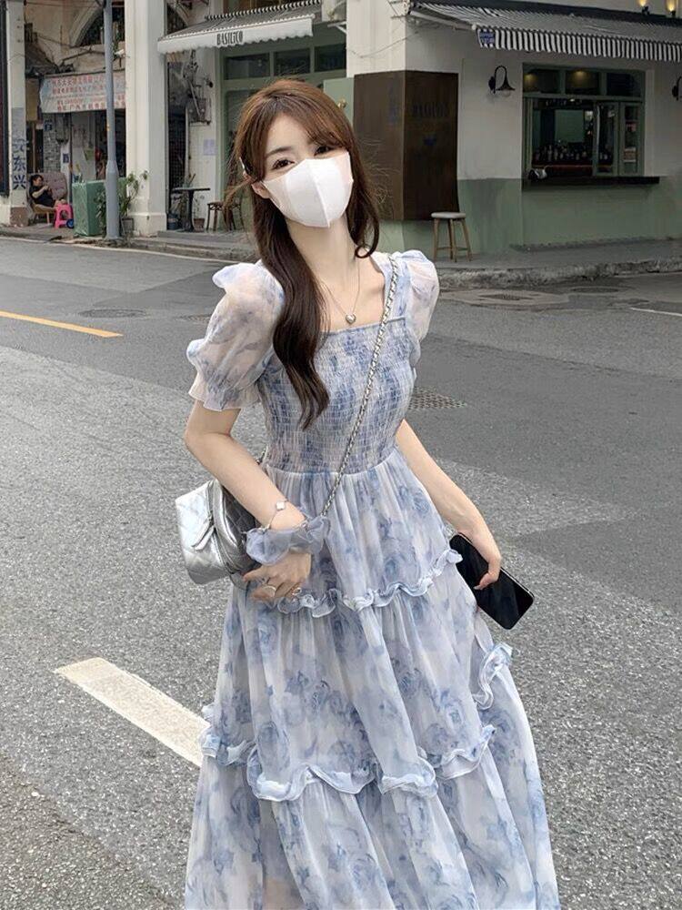 핫맘스타일 아웃핏 수유복 스퀘어넥 꽃무늬 원피스 슬림한 허리 젠틀한 스타일 산후수유복 여름