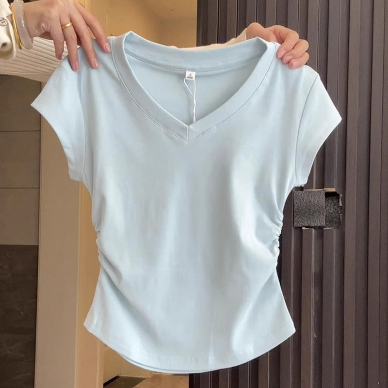 奶蓝色V领正肩辣妈外出哺乳T恤夏季修身显瘦打底产后喂奶短袖上衣