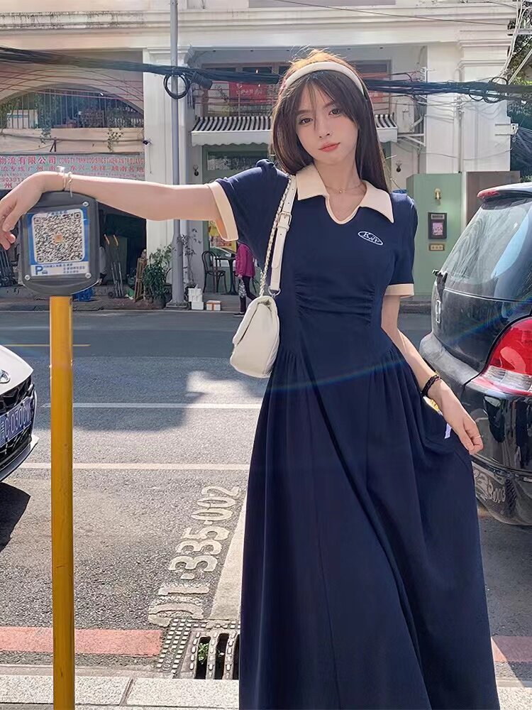 반팔 폴로 칼라 핫맘 외출 모유 수유 드레스 여름 허리를 감싸는 A 라인 슬리밍 배 덮는 산후 모유 수유 드레스