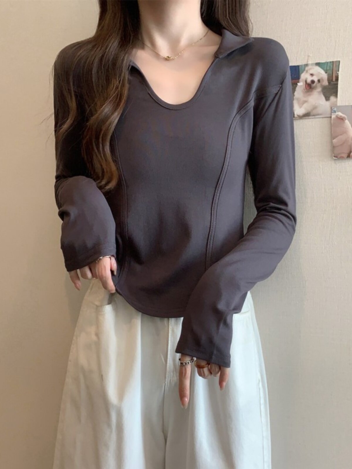 폴로 칼라 외출 모유 수유 핫맘 긴팔 가을 겨울 이너 U 넥 순면 티셔츠 산후 수유 의류 피시 본 탑