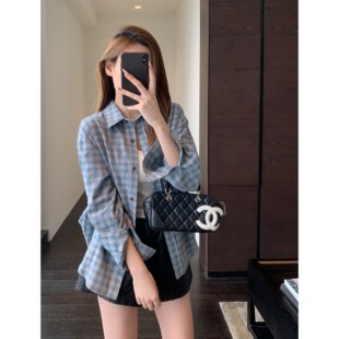 女上衣2026早春新款 AMR 减龄洋气显白蓝色格子衬衫 韩系慵懒