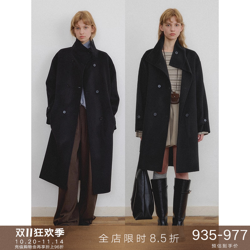 经典款黑色立领毛呢外套