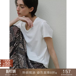 女夏 T恤宽松休闲白色上衣体恤衫 popchrio 通勤雪花棉V领微透短袖