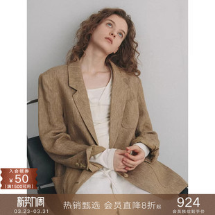 popchrio 外套高级感小个子西服上衣女春 亚麻复古休闲廓形小西装