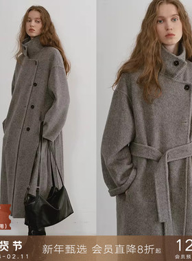 popchrio◆经典80支羊毛翻领收腰双面呢大衣中长款加厚毛呢外套女