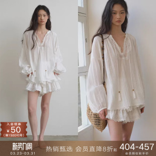 套装 popchrio 白色衬衣a字蛋糕蓬蓬裙裤 衬衫 v领蕾丝拼接泡泡长袖