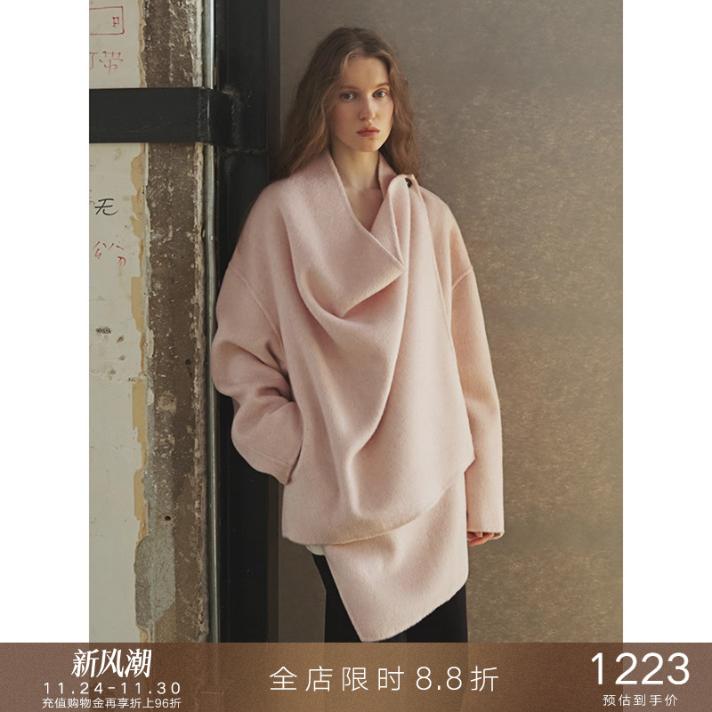 popchrio山羊绒廓形荡领大衣