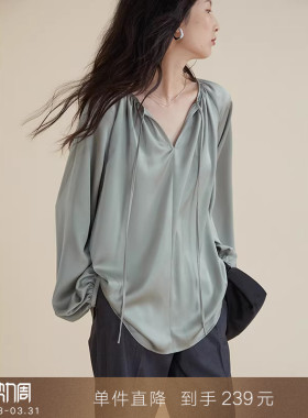 【到手239元】慵懒醋酸衬衫系带气质长袖宽松显瘦上衣V领法式衬衣