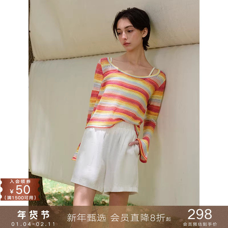 popchrio◆设计感撞色条纹圆领喇叭长袖针织衫轻薄防晒罩衫叠穿女,女装/女士精品,毛针织衫,淘宝优惠券,粉丝福利购,淘宝优惠卷