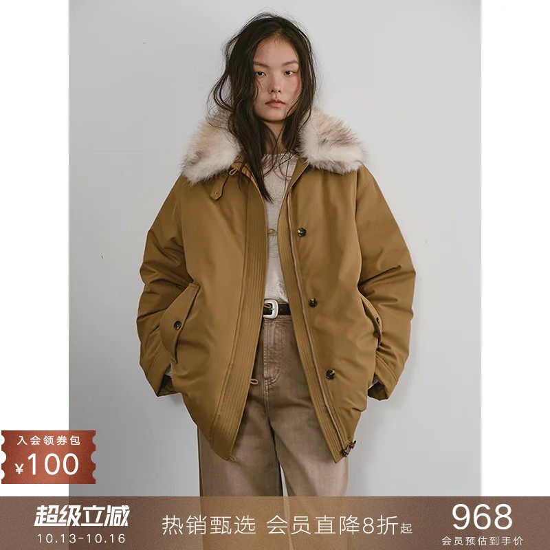 popchrio◆复古巴恩风可拆卸毛领派克羽绒服90白鸭绒短外套小个子