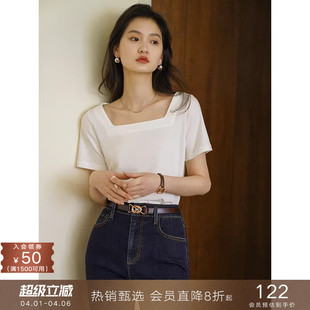 popchrio V领复古方领白色宽松短袖 T恤半袖 锁骨上衣女 CHAO好穿