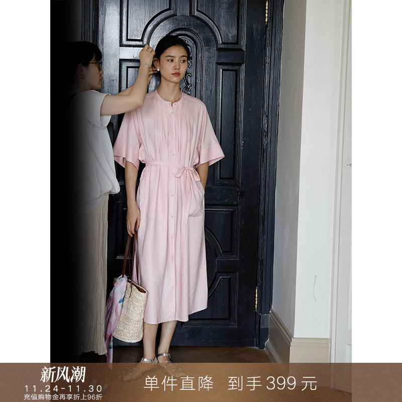 popchrio莱赛尔系带宽松衬衫裙