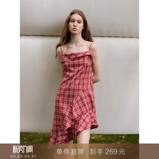 A字背心裙女 别致不规则荷叶边格子吊带连衣裙中长款 到手269元