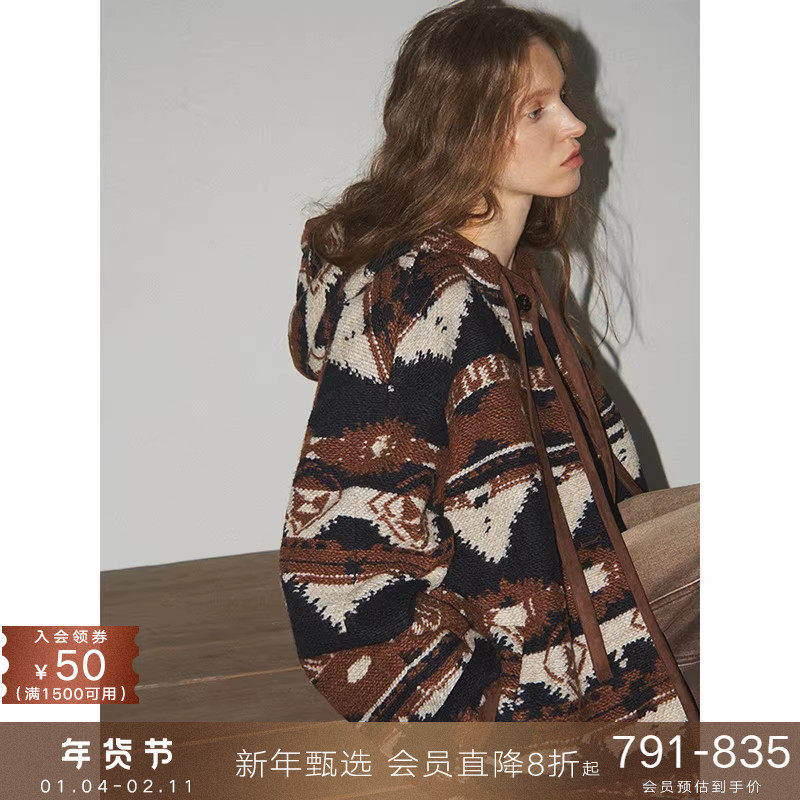 popchrio◆复古费尔岛提花连帽针织开衫宽松休闲羊毛毛衣短外套女,女装/女士精品,短外套,淘宝优惠券,粉丝福利购,淘宝优惠卷