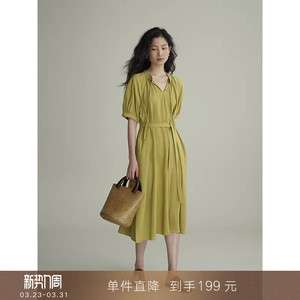 【到手199元】莱赛尔亚麻混纺法式立领泡泡短袖连衣裙宽松长裙子