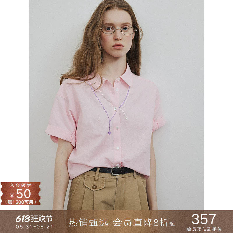 popchrio◆项链刺绣翻折短袖衬衫宽松休闲衬衣韩系叠穿上衣女夏季