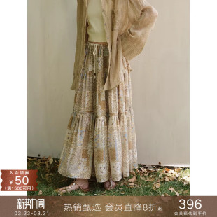 popchrio 复古波西米亚印花半身裙度假风松紧高腰大摆伞裙子女夏