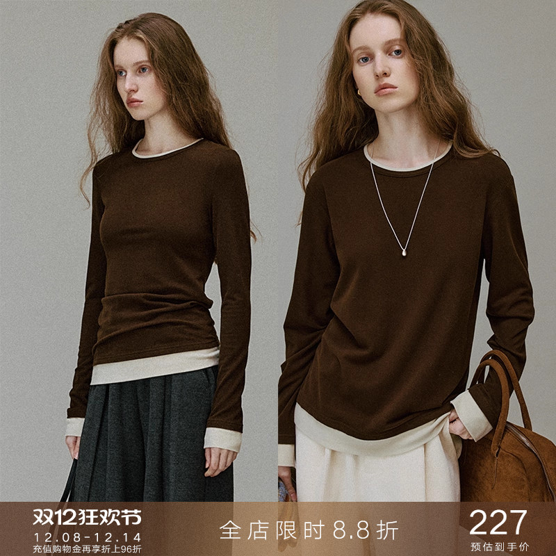 popchrio撞色假两件长袖针织T恤