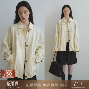 popchrio 翻领飞行夹克女春秋 复古撞色条纹内里外套宽松休闲短款