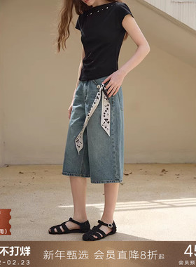 popchrio◆百慕大复古水洗做旧蓝色牛仔裤宽松休闲七分阔腿短裤女