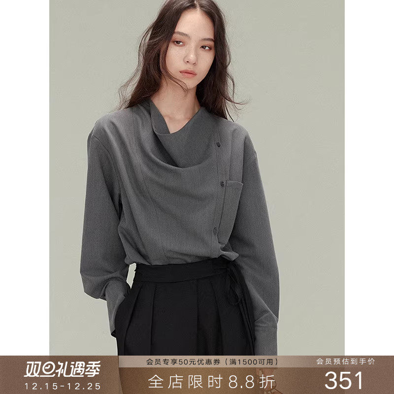 popchrio松弛感不对称荡领衬衫