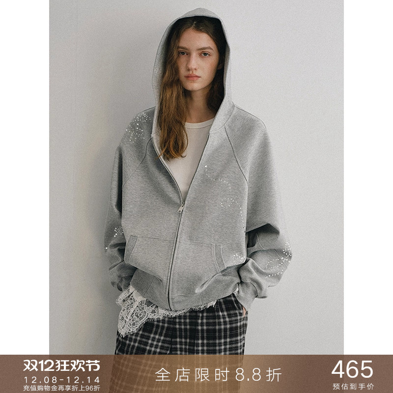 popchrio手绘烫钻美式连帽卫衣