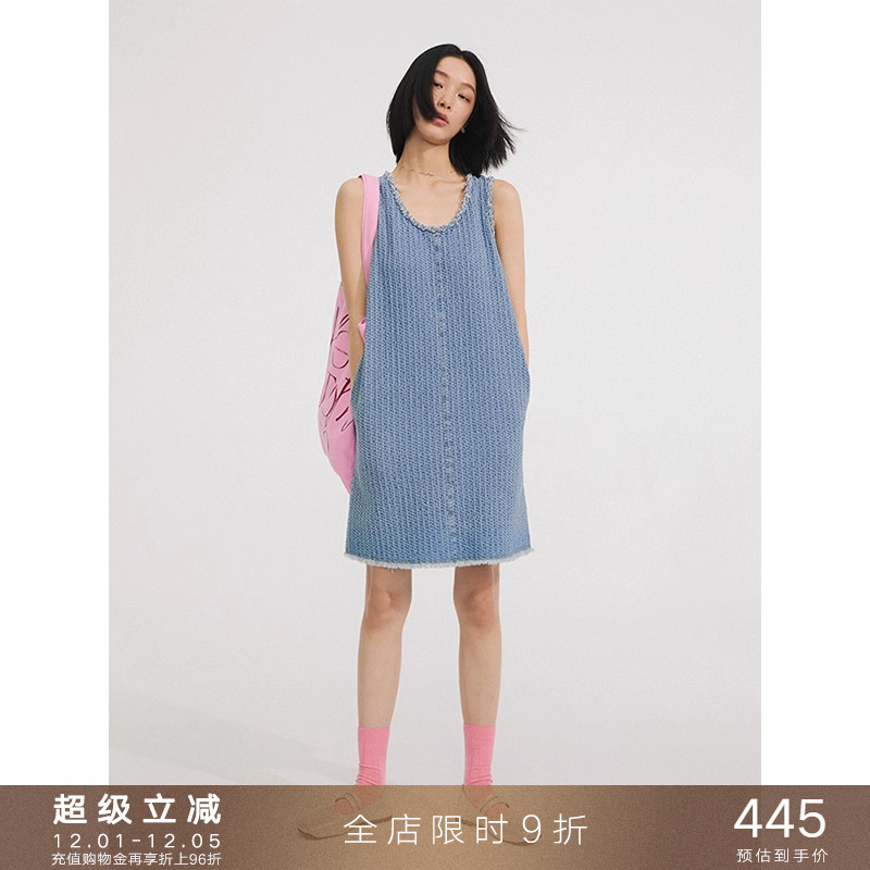 popchrio小香风牛仔背心连衣裙